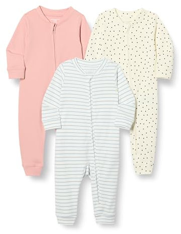 Amazon Essentials Pyjama sans Pieds Zippé en Coton Mixte Bébé, Lot de 3, Points/Rayures/Rosé Grisé, 3-6 mois