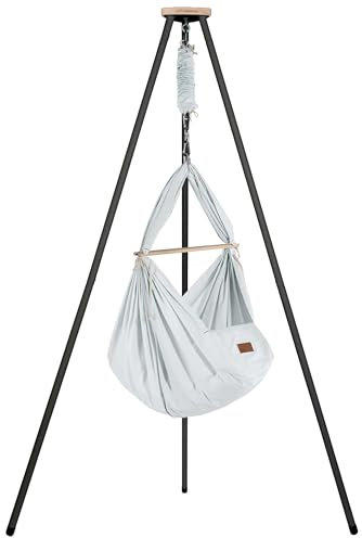 SCHMUSEWOLKE Organic Air Grey Feather Cradle with Teepee Anthracite - Hammock for Babies and Toddlers from Birth to 3 Years - Organic Cotton - With Sheep's Wool Mattress