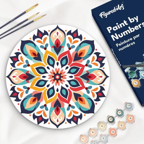 Figured'Art Peinture par Numéro Adulte sur Disque en Bois de 30cm de diamètre - Mandala floral - Kit de Loisir Créatif DIY Numéro d'Art Complet
