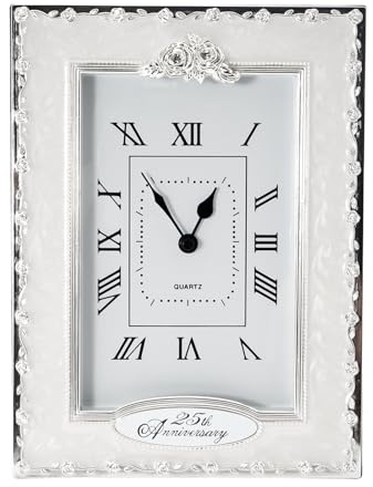 Happy Homewares Traditional 25th Anniversary Clock in White Epoxy with Silver Plated Roses and Clear Diamante Crystals | Quartz Technology