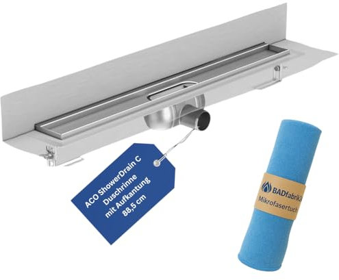 BADfabrik24 ACO ShowerDrain C Duschrinne 88,5 cm mit Aufkantung hinten, Rinnenkörper Edelstahl, Einbauhöhe 8–12,8 cm, hohe Ablaufleistung, inkl. Mikrofasertuch 40x40 cm,ACO Duschrinne