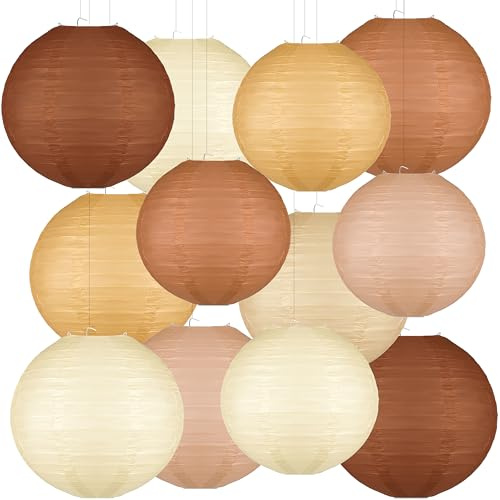 12 Pcs Boho Paper Lanterns, 10'' Brown Party Decorations, Hanging Paper Lanterns Party Decorations for Classroom Western Wedding Baby Shower Home Decor