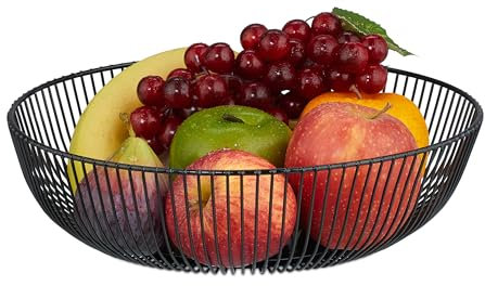 Relaxdays Obstschale Metall, runder Obstkorb, HxD: 8 x 28 cm, Drahtkorb für Früchte, Gemüse & Brötchen, modern, schwarz