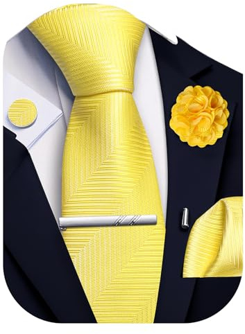Ailisus Gestreifte Krawatte und Taschentuch, Krawattenklammer, Manschettenknöpfe, Anstecknadel-Set, Hochzeit, Party, Seide, einfarbig, formell, 5 Stück, hellgelb, One size
