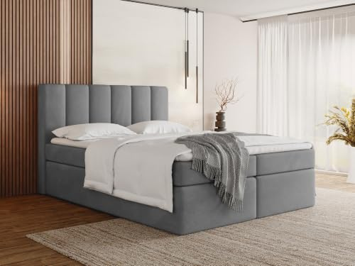 WFL GROUP Boxspringbett 160x200 mit Bettkasten – Gepolstert Doppelbett mit 7-Zonen Taschenfederkern-Matratze, 5 cm Komfortschaum-Topper Inklusive – Stauraumbett mit hohem Kopfteil, Samt Stoff – Grau