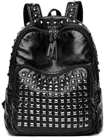 RUWLFE Rucksack Mit Nieten Frauen Weicher Leder Rucksack Multi-Nieten Design Rucksack Damen Reise Pendler Tasche Vintage(Black)