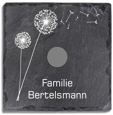 Funkklingel Schiefer kabellose Funkklingel Aufputz Flach 100 x 100 mm Funktürklingel mit Beschriftung und Pusteblume
