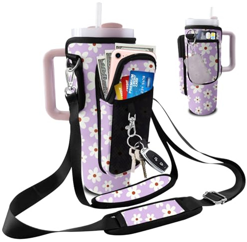 bolimoss Stanley Cup Carrier, Boho Floral Cute Water Bottle Carrier Bag for 40oz Tumbler with Phone with 3 Pockets & 2 Adjustable Straps Stanley Cup Accessories for Hiking Travelling Daisy