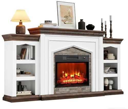 80 Fireplace TV Stand for TVs Up to 90 Inch, Electric Fireplace with Mantel, Farmhouse Entertainment Center with Storage, Realistic Stacked Stone Surround and 3D Flame Effect for Living Room