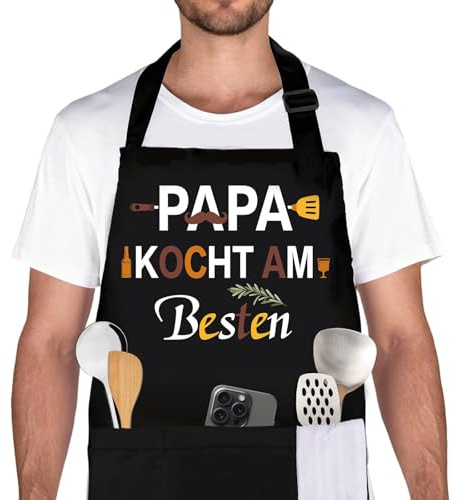 Belillpipi Kochschürze Männer Damen Schwarz, Verstellbare Kochschürze Damen mit 3 Taschen, Grillschürze Geschenke Schürze für Frauen Mann Geburtstag, Muttertag, Vatertag, Weihnachten