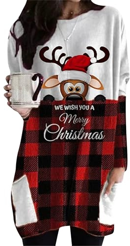 EFOFEI Damen Langarm Weihnachts T-Shirts O-Ausschnitt Pullover Oberteile Lustiges Grafik Sweatshirt