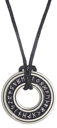 Wikinger Runen Halskette mit Älterem Futhark Anhänger - Edelstahl Talisman mit Lederkette oder Metallkette für Männer und Frauen - Schützendes Nordisches Symbol Amulett Geschenk