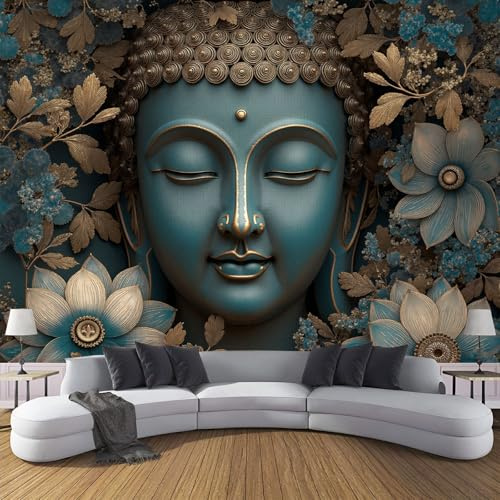 Pflanzen und Blumen Fototapete Buddha-Statue Blumen Fototapeten Wandbild Motivtapeten Seide-Tapeten Moderne Wandtapete Wand Schlafzimmer Wohnzimmer Dekoration 250 x 175 cm