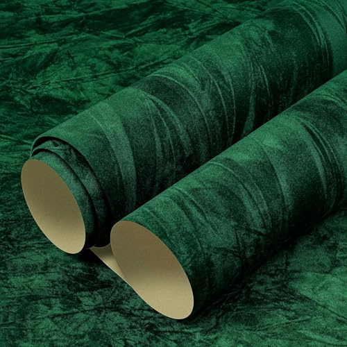 LACHEERY Vert Foncé Papier Peint Adhesif Mural 40cm x 700cm Papier Peint Velours Salon Film Autocollant Decoratif Meuble Vintage Floqué Papiers Peints Muraux Luxueux pour Chambre Boîte à Bijoux Retro