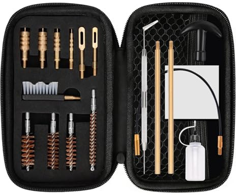 Kit de Limpieza para Armas Universal 16 Piezas, para Calibres .22 .357 .38 9mm .40 .45, con Cepillos de Bronce Fosforoso & Adaptadores de Latón, Set de Limpieza para Pistolas