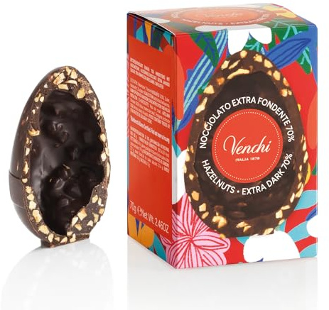 Venchi - Mignon-Ei Nocciolato aus 70% Extra-Zartbitterschokolade, 70 Gr, mit grobem Piemont-Haselnuss-Krokant, Glutenfrei, Venchi-Osterkollektion, Geschenkidee