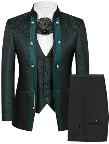 Abiti da Uomo Slim Fit, Smoking da Uomo in Jacquard con Motivo Floreale Paisley, 3 Pezzi, Colletto alla Coreana, Giacca Sposo, Gilet e Pantaloni, Verde, Taglia M