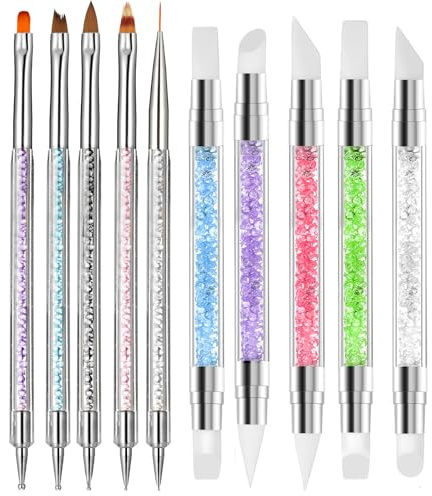 Nail Art Brush Set, 10 Pcs Dual Tipped Silicone Nail Tools Nails Art Sculpture Pen Crystal Handle Liner Brush, Silicone Brushes for Resin Nails Arts Tools for NailSalon Design Foil Carving Drawing