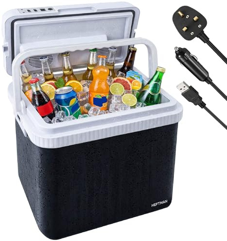 HEFTMAN 24L Electric Cool Box - Electric Cooler Box 12V 240V with Mains Plug, USB-A Cable & 12V Car Plug, Hot & Cold Functions, Insulated Portable Plug in Cool Box for Car, Camping, Travel & Home Use