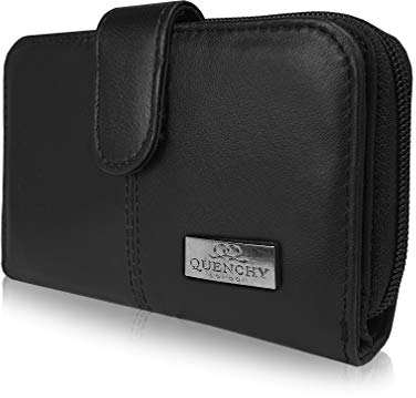 Quenchy London Portefeuille Femme en Cuir Véritable, Blocage RFID et NFC, 2 Sections Monnaie Zippées, 5 Séparations Pièces, Portemonnaie avec 6 Emplacements pour Cartes de Crédit 14x10x3cm - QL225K (Noir)