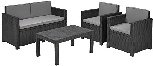Allibert 218757 Lounge Set Victoria 2 Sessel, 1 Sofa, 1 Tisch, Rattanoptik, Kunststoff, graphit