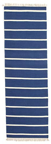 RugVista, Dorri Stripe, Teppich, Kurzflor Teppich, 80 x 300 cm, Läufer, Moderner Kelim Teppich, Wolle, Flur, Schlafzimmer, Küche, Wohnzimmer, Dunkelblau, Blau