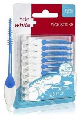 edel+white Pick Sticks Small in Reisebox 50 Stk. I Zahnstocher Kunststoff I Zahnzwischenraumbürsten für gründliche Zahnreinigung I Interdentalbürsten