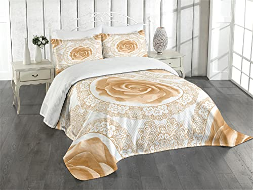 ABAKUHAUS Blumen Tagesdecke Set, Rose Röschen, Set mit Kissenbezügen Waschbar, für Doppelbetten 220 x 220 cm, Beige Braun