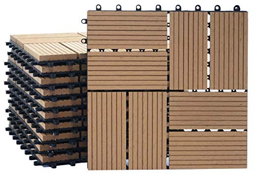Mendler WPC Bodenfliese Rhone Vierecke - Premium Teak | Holzoptik Balkon/Terrasse, 11x je 30x30cm = 1qm
