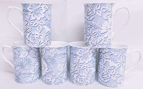 Set di 6 tazze in porcellana fine con motivo di fiori blu e bianchi, decorate a mano nel Regno Unito