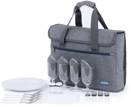 LIVIVO Picnic Bag for 4 - Premium Briefcase Fold-up Picnic Basket for 4 Person - Family Picnic Basket Set with Cutlery, Plates, Napkins, Wine Glasses, Chopping Board Outdoor Picnic Set (29 Pcs)