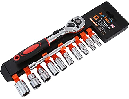 KATSU Set di Chiavi a Bussola 1/4 12 Pezzi, Unità Metrica da 4-13mm con Chiave a Cricchetto a Sgancio Rapido a 24 Denti e Barra di Prolunga da 4, Strumento di Riparazione Automatica 420340