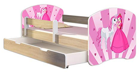 ACMA Lit Enfant Bébé TIROIR Matelas Gratuite CHÊNE Sonoma II (08 Princesse avec Poney, 160 x 80 cm + tiroir)