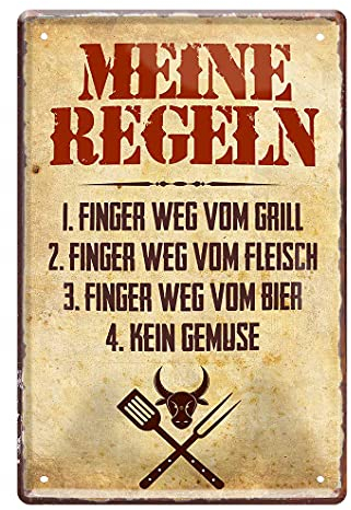 Meine Regeln - Vintage Retro Deko Grill Blechschild - Metallschild mit witzigen Spruch - Dekoration Grillplatz Terrasse Garten Balkon - Grillen BBQ Dekoration - Geschenk Hobby Grill Chef - 20x30cm