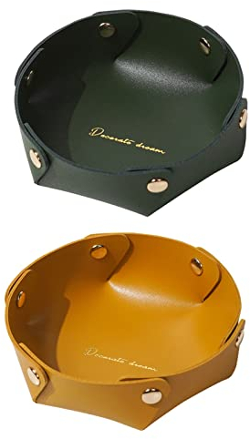 Plateau Rond en Cuir - 2 Pièces Vide Poche en Faux Cuir Pour Rangement de Monnaie, Clés, Montres, Fournitures de Bureau, Bijoux (17,5*6cm Vert Foncé + Orange)