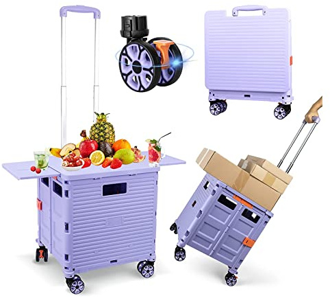 FELICON SELORSS Folding Utility Cart Portable Rolling Crate Handcart with Magnetic Sliding Lid Telescoping Handle Plastic Box Dolly 360°Swivel Wheels for Travel Shop Move Office Teacher(Purple Pro)