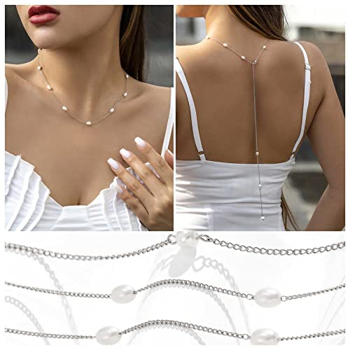 Yheakne Boho Perle Hintergrund Halskette Perle Zurück Kette Halskette Silber Lange Braut Zurück Tropfen Kette Sommer Körper Kette Strand Körper Schmuck Für Frauen Und Mädchen Geschenke