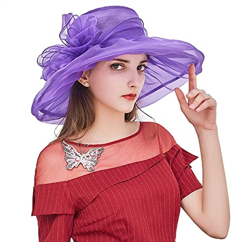 Chapeau de Soleil en Organza Femme Casquette de Mariage Elégant Capeline Large Bord Anti-UV Chapeau d'église Cérémonie Derby Pliable Bob Casquette de Plage Voyage Soirée avec Décor Fleur