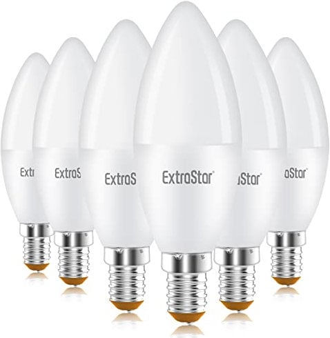 EXTRASTAR E14 LED Candle Light Bulbs, 6W SES Cool White 6500K Daylight Energy Saving Bulb, 42W Equivalent, Small Edison Screw C37 Light Bulb, 510LM, Non-Dimmable, Pack of 6