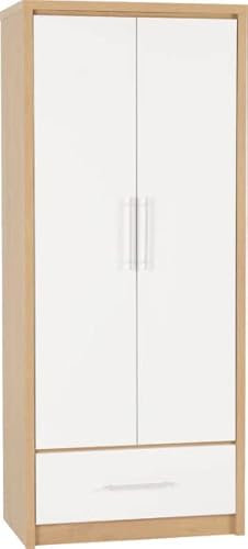 Kelsey Stores Seville 2 Door 1 Drawer Wardrobe Cloth Hanging Storage Cabinet (White High Gloss/Light Oak Effect Veneer)