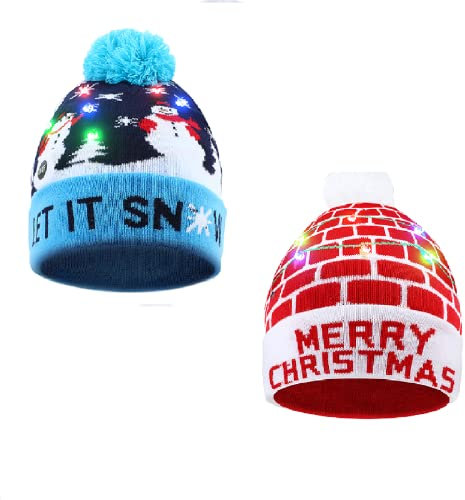 Bestcool 2 Stück Weihnachten Hut, LED Leuchtende Strickmütze Unisex Wintermütze Weihnachtsmützen 6 Bunte LED Lichter Leuchtende Weihnachtsmützen für Kinder Erwachsene Männer Frauen Weihnachtsfeier