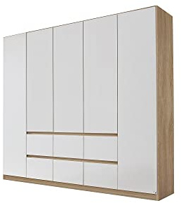 Rauch Möbel Mainz, Kleiderschrank, Farbe Weiß/Eiche Sonoma, Breite 226 cm | Schrank, Kinderkleiderschrank, 5-türig, Push-to-open, für Schlafzimmer, Kinderzimmer, Babyzimmer, Garderobe