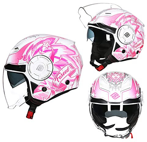 Casco Da Moto Open Face, 3/4 Retro Vintage Scooter Jet Casco Per Adulti Donne Uomini Con Vento Anti-Graffio Scudo/Visiera, Approvato ECE DOT, Mezzo Casco Leggero Con Fibbia Rapida,Rosa,XL