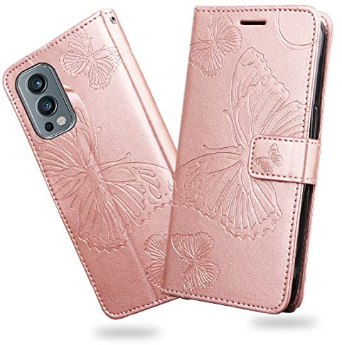 DENDICO Coque pour OnePlus Nord 2 5G, Papillon Imprimé Housse en Cuir PU Magnétique Portefeuille, Étui à Rabat pour OnePlus Nord 2 5G, Or Rose