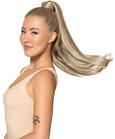 WENNALIFE Ponytail Extension, 35cm 75g Ash Braun Highlights Goldblond Pferdeschwanz Haarteil Ponytail Extension Echthaar Clip in Wickeln Sie um Remy Echthaar
