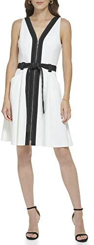 DKNY Damen Fit and Flare Self Tie Belt Dress Kleid, Elfenbein/Schwarz, 40