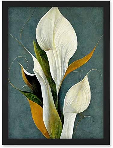 Doppelganger33 LTD White Calla Lily Bouquet Flowers In Blue Background Realism Artwork Framed Wall Art Print A4