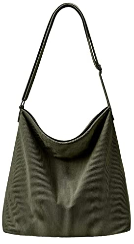 KALIDI Damen Cord-Tragetasche mit Reißverschluss, lässige Handtasche, große Kapazität, Schultertasche mit Taschen, Crossbody Armeegrün, Large
