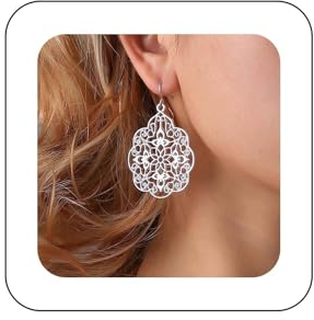 Yienate Boho Große Filigrane Reifen Tropfen Ohrringe - Vintage Stammes Ethnische Geschnitzte Silber Zigeuner Geometrische Floral Aussage Schmuck Für Hochzeit Und Prom