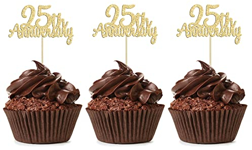 Gyufise Cupcake-Topper zum 25. Jahrestag, Gold-Glitzer, Cheers to 25 Years Wedding Twenty Five Anniversary Cupcake-Picks for Happy 25th Anniversary Birthday Retirement Party Cake Supplies